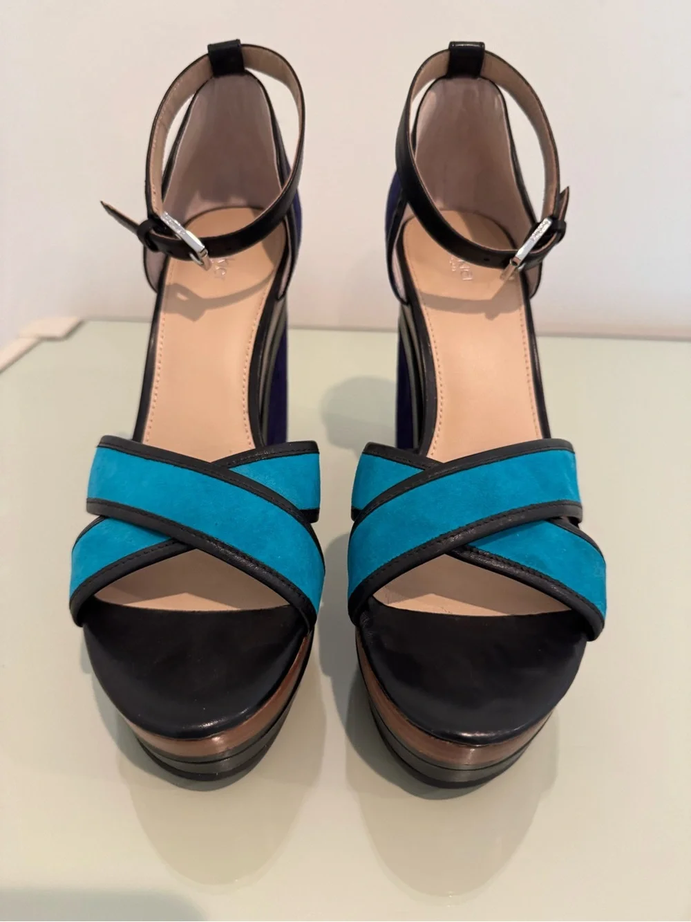 Botkier Teal and Purple Suede Platform Wedge Sandals